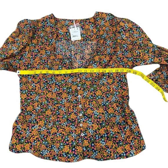 Free People Navy Combo I Found You Floral Print Blouse XL Boho Peasant Cotton - Picture 10 of 14